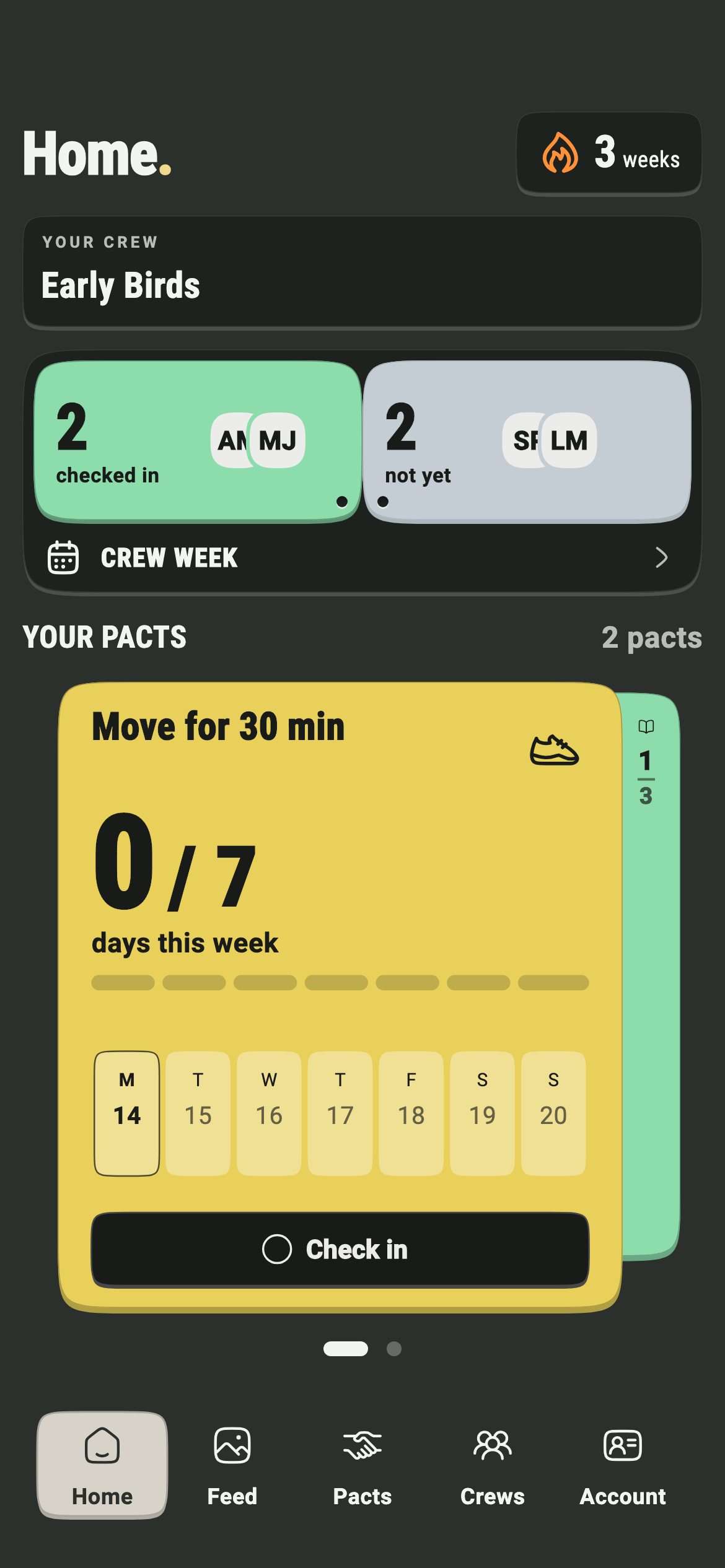 The current WeekPact home screen: the Early Birds crew, who has checked in this week, a three-week streak, and the pact cards for the week.
